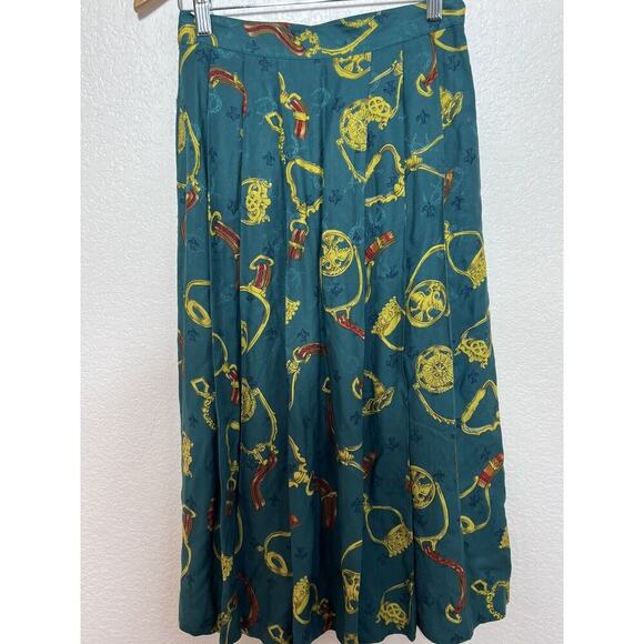Vintage CHAUS Belts & Medallions Pleated Midi Skirt Green Size S 4 Old Money - Picture 6 of 7